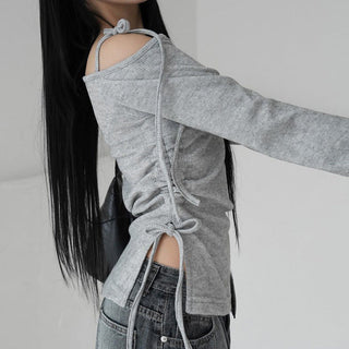 Diagonal Collar Self-Tie Pleated Top