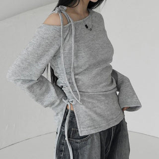 Diagonal Collar Self-Tie Pleated Top