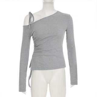 Diagonal Collar Self-Tie Pleated Top