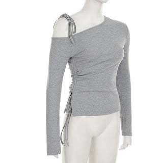 Diagonal Collar Self-Tie Pleated Top