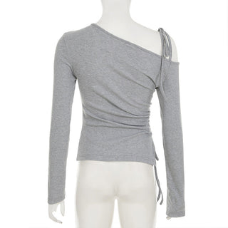 Diagonal Collar Self-Tie Pleated Top