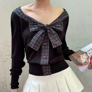 Plaid Lace-Up Bow Knit Top