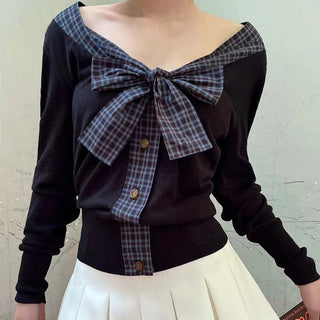 Plaid Lace-Up Bow Knit Top