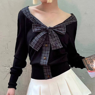 Plaid Lace-Up Bow Knit Top