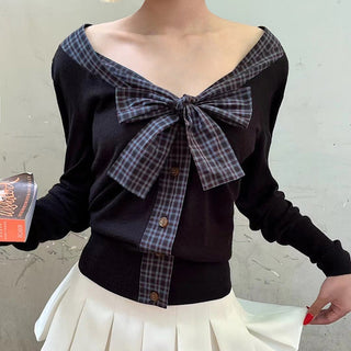 Plaid Lace-Up Bow Knit Top