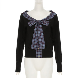 Plaid Lace-Up Bow Knit Top