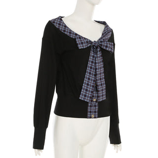 Plaid Lace-Up Bow Knit Top