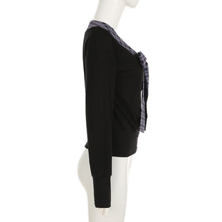 Plaid Lace-Up Bow Knit Top