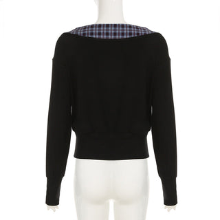 Plaid Lace-Up Bow Knit Top