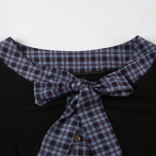 Plaid Lace-Up Bow Knit Top