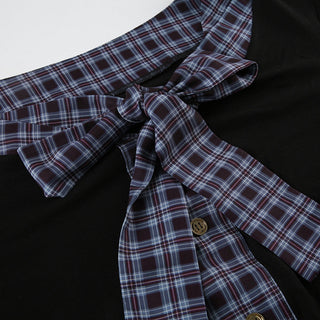 Plaid Lace-Up Bow Knit Top