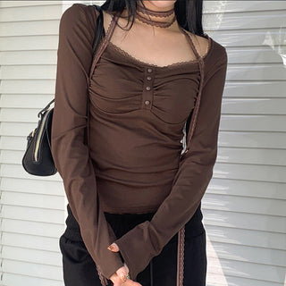 Lace Stitching Button Scarf Top