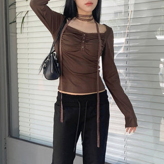 Lace Stitching Button Scarf Top