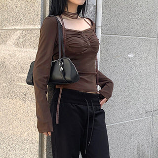 Lace Stitching Button Scarf Top