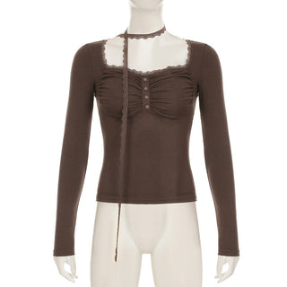 Lace Stitching Button Scarf Top