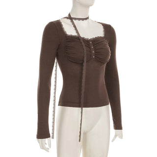 Lace Stitching Button Scarf Top