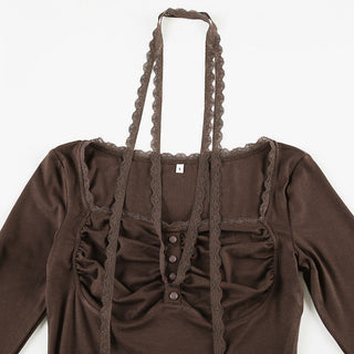 Lace Stitching Button Scarf Top