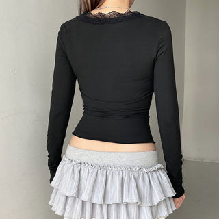 Lace Edge V-Neck Pleated Long Sleeve Top