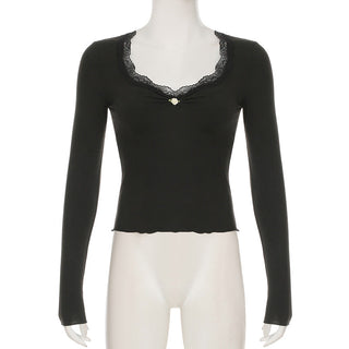 Lace Edge V-Neck Pleated Long Sleeve Top