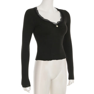 Lace Edge V-Neck Pleated Long Sleeve Top