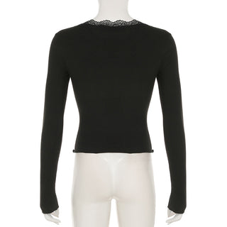 Lace Edge V-Neck Pleated Long Sleeve Top