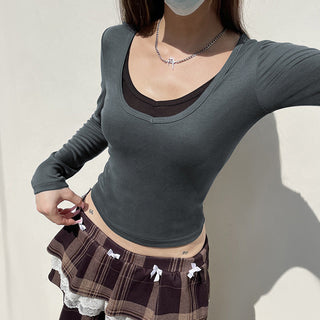 Contrast Color Fake Two-Piece U-Collar Top