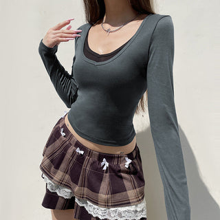 Contrast Color Fake Two-Piece U-Collar Top