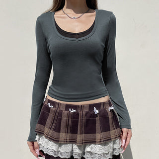 Contrast Color Fake Two-Piece U-Collar Top