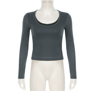 Contrast Color Fake Two-Piece U-Collar Top