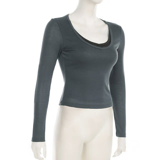 Contrast Color Fake Two-Piece U-Collar Top