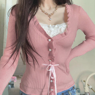 Lace Stitching Bow Bandage Knit Top