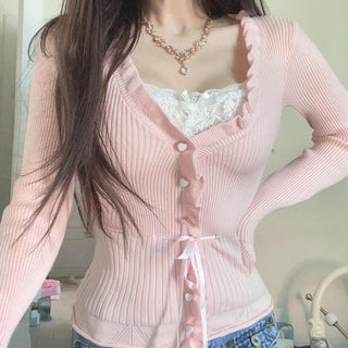 Lace Stitching Bow Bandage Knit Top