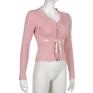 Lace Stitching Bow Bandage Knit Top