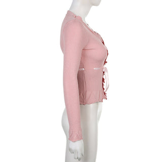 Lace Stitching Bow Bandage Knit Top