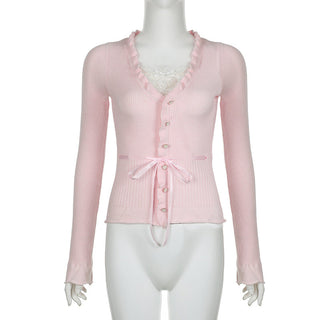 Lace Stitching Bow Bandage Knit Top