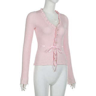 Lace Stitching Bow Bandage Knit Top