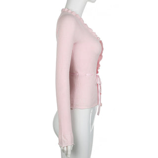 Lace Stitching Bow Bandage Knit Top