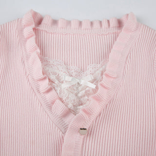 Lace Stitching Bow Bandage Knit Top
