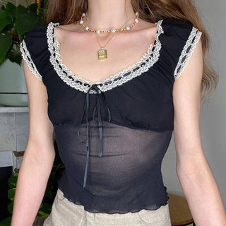 Mesh See-Through Lace-Up Top