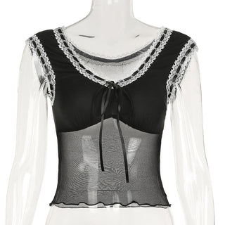Mesh See-Through Lace-Up Top