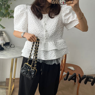 Doll Round Neck Puff Sleeve Tops