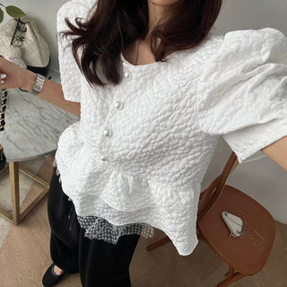 Doll Round Neck Puff Sleeve Tops
