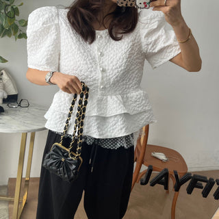 Doll Round Neck Puff Sleeve Tops