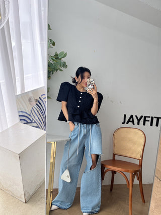 Doll Round Neck Puff Sleeve Tops