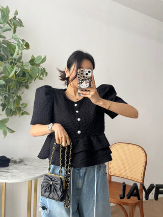 Doll Round Neck Puff Sleeve Tops