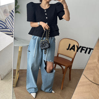 Doll Round Neck Puff Sleeve Tops