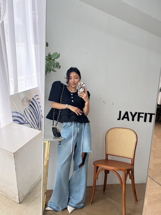 Doll Round Neck Puff Sleeve Tops