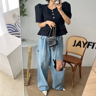 Doll Round Neck Puff Sleeve Tops