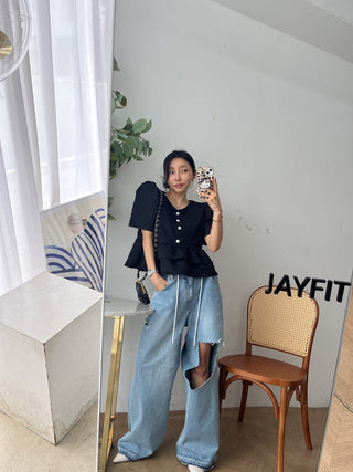 Doll Round Neck Puff Sleeve Tops