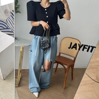 Doll Round Neck Puff Sleeve Tops